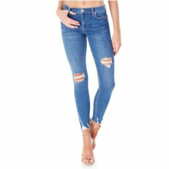 Free People Jeans Shark Bite Blue Distressed Skinny Size 26 Blue Denim - Picture 10 of 11
